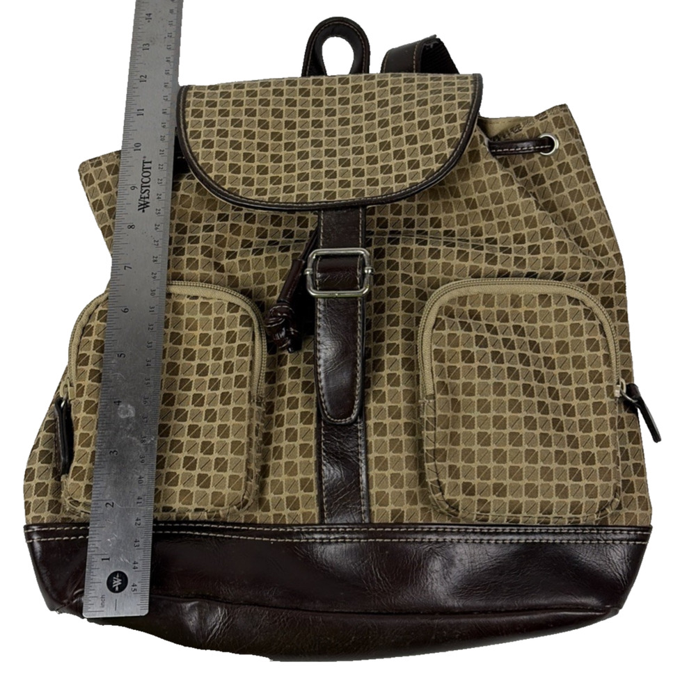 Nine & Co Vintage Patterned Backpack Purse Canvas Brown Faux Leather Flap Bookba